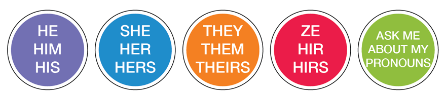 Five circular stickers: He, Him, His (purple); She, Her, Hers (blue); They, Them, Theirs (orange); Ask me about my pronouns (green)