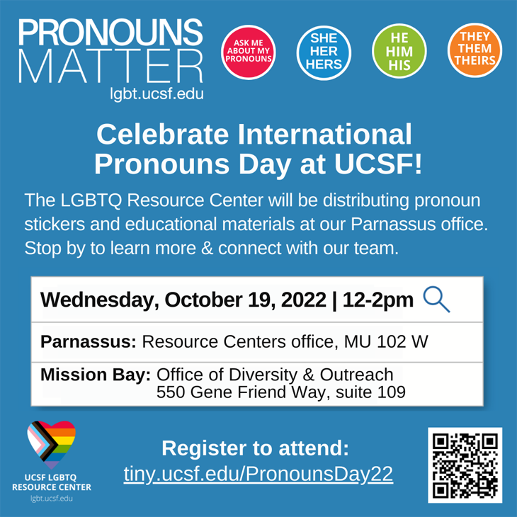 Pronouns Matter: Celebrate International Pronouns Day at UCSF. Wed, Oct. 19th, 12pm - 2pm, 500 Parnassus Ave. MU 102W.